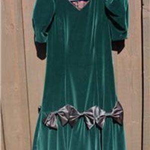 MAGGIE BREEN Green VELVET Midi Dress w/Black Satin Bows & Mesh / Loose Fit Sz M